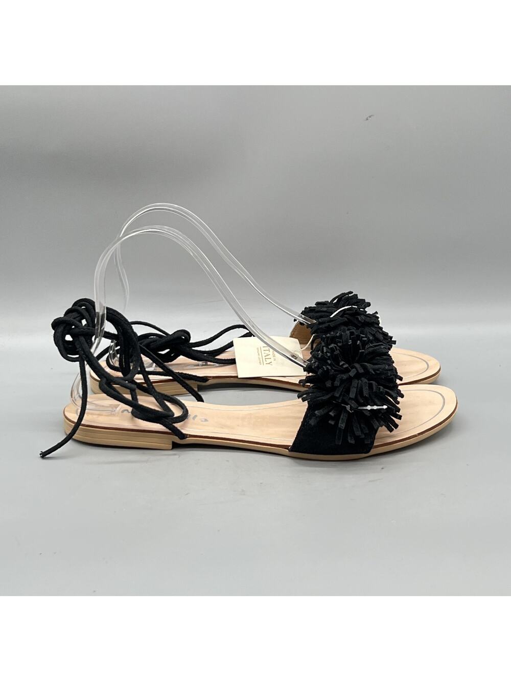 Mariella Sandals Womens 8.5 Black Suede Fringe Lace Up Flats Casual Comfort
